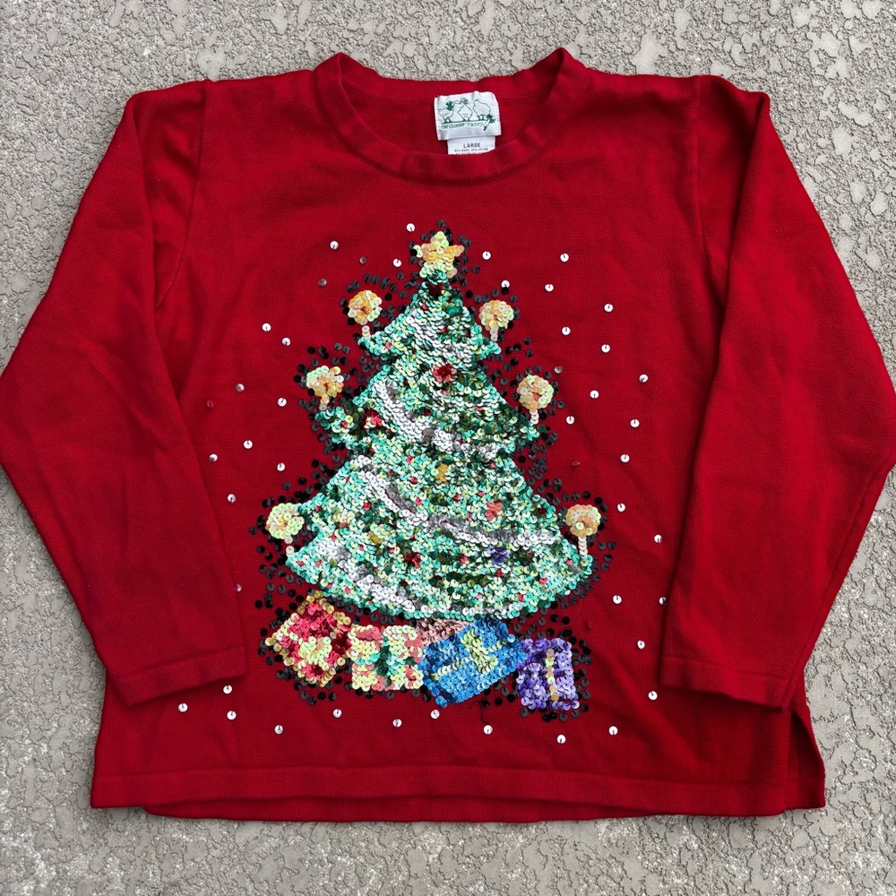 Vintage Quacker Factory Sweater Sequin Christmas Tree Size Large 80s Holiday